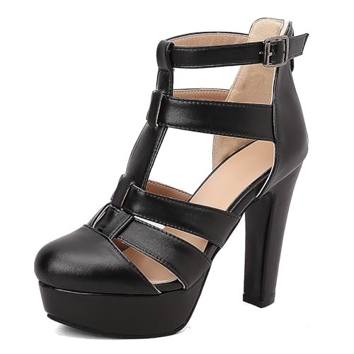Wtharosa Damen Gladiator Plateform Pumps Riemchen Design Dicker Blockabsatz Knöchelverschluss Abendschuhe Party Hochzeit Sommer Bequem Einfach Anzuziehen,Schwarz,38 EU von Wtharosa