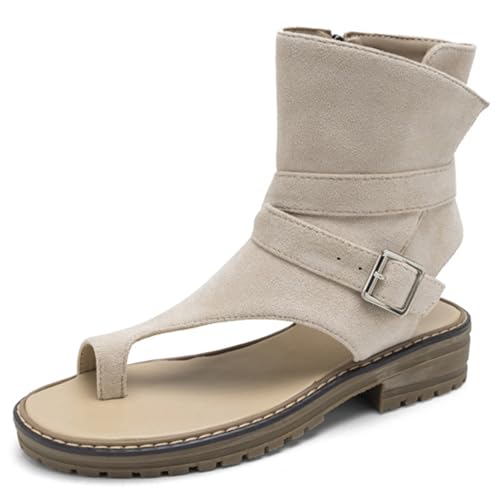 Wtharosa Damen Gladiator Sandalen Stiefel Wildleder Schwarz Mittlere Wadenhöhe Schnallen Detail Kunstleder Bequem Einfach Anzuziehen Sommer Mode,Beige,36 EU von Wtharosa