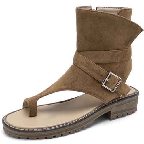 Wtharosa Damen Gladiator Sandalen Stiefel Wildleder Schwarz Mittlere Wadenhöhe Schnallen Detail Kunstleder Bequem Einfach Anzuziehen Sommer Mode,Braun,38 EU von Wtharosa