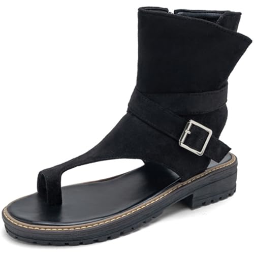 Wtharosa Damen Gladiator Sandalen Stiefel Wildleder Schwarz Mittlere Wadenhöhe Schnallen Detail Kunstleder Bequem Einfach Anzuziehen Sommer Mode,Schwarz,43 EU von Wtharosa