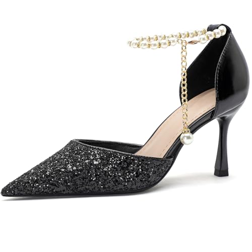 Wtharosa Damen Glitzer Stiletto Absatzschuhe Spitze Zehen Mit Perlenkette Knöchelriemen Elegante Party Hochzeit Abendkleid Schuhe Schwarz Champagner,Black(Heel:7cm),38 EU von Wtharosa