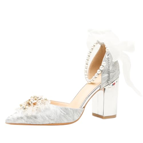 Wtharosa Damen Hochzeits Absätze Perle Knöchelriemen Spitze Silber Blume Verzierungen Elegant Blockabsatz Schuhe Für Braut Und Hochzeitsfeier,Silver (8cm Heel),39 EU von Wtharosa