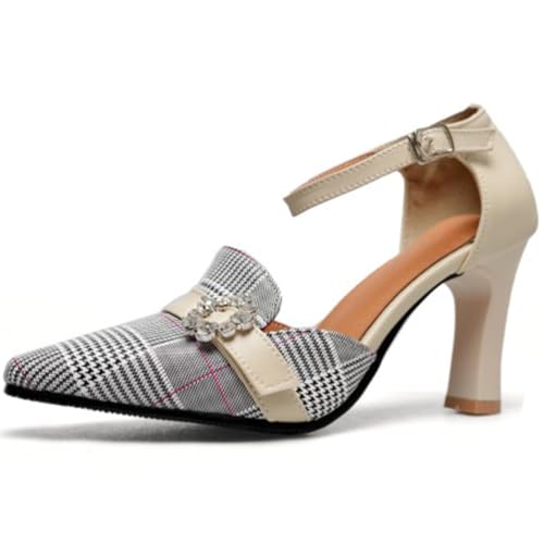 Wtharosa Damen Karierte Knöchelriemen Pumps Kristall Verziert Grau Hahnentrittmuster Beige Trim High Heel Bequeme Anzugschuhe Für Hochzeit Party Büro Arbeit Formelle Veranstaltungen,Beige,38 EU von Wtharosa