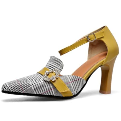 Wtharosa Damen Karierte Knöchelriemen Pumps Kristall Verziert Grau Hahnentrittmuster Beige Trim High Heel Bequeme Anzugschuhe Für Hochzeit Party Büro Arbeit Formelle Veranstaltungen,Gelb,38 EU von Wtharosa