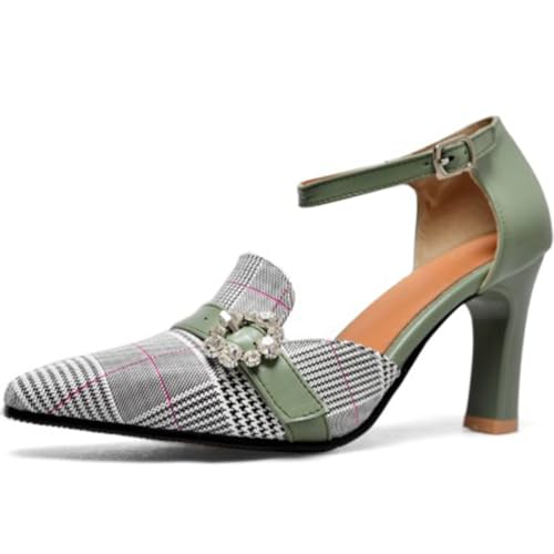 Wtharosa Damen Karierte Knöchelriemen Pumps Kristall Verziert Grau Hahnentrittmuster Beige Trim High Heel Bequeme Anzugschuhe Für Hochzeit Party Büro Arbeit Formelle Veranstaltungen,Grün,40 EU von Wtharosa
