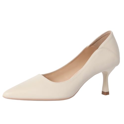 Wtharosa Damen Klassische Pumps Mit Spitzem Zehen Aus Leder Kitten Heel Berufliche Büro Schuhe Für Alltag Arbeit Abend,Beige(Heel:4cm),40 EU von Wtharosa