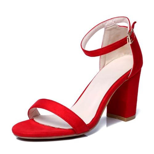 Wtharosa Damen Klassische Wildleder Blockabsatz Sandalen Mit Knöchelriemen Dicker Absatz Bequeme Elegante Schuhe Für Hochzeit Party Büro,Rot,47 EU von Wtharosa