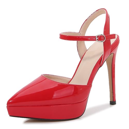 Wtharosa Damen Lackleder Plateau Stilettos Knöchelriemen High Heels Formelle Hochzeitsparty Schuhe Abiball Braut Abendkleid Pumps Luxus Spitz Zeh,Rot,37 EU von Wtharosa
