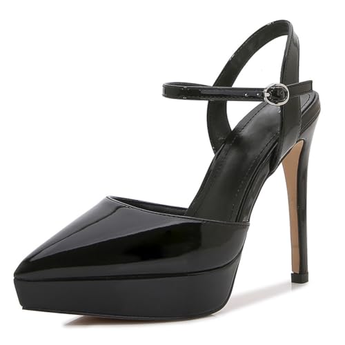 Wtharosa Damen Lackleder Plateau Stilettos Knöchelriemen High Heels Formelle Hochzeitsparty Schuhe Abiball Braut Abendkleid Pumps Luxus Spitz Zeh,Schwarz,38 EU von Wtharosa