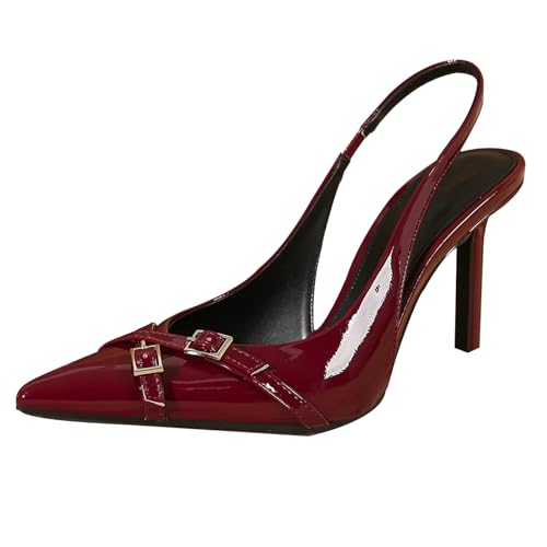 Wtharosa Damen Lackleder Pumps Spitze Zehe Stiletto Absatz Mit Schnallen Detail Für Hochzeit Party Abendgarderobe,Burgundy,39 EU von Wtharosa