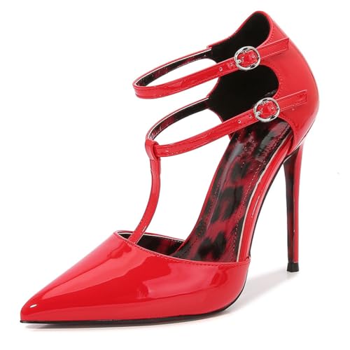 Wtharosa Damen Lackleder Spitz Zehen T-Riemen Stiletto Absatz Schuhe Für Hochzeit Party Abendgarderobe,Rot,43 EU von Wtharosa