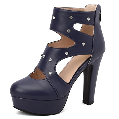 Wtharosa Damen Marineblaue Plateau Stiefeletten Kristallbesetzte Ausschnitte Blockabsatz Bequeme Winterschuhe Für Party Büro Täglicher Gebrauch,Blau,48 EU von Wtharosa