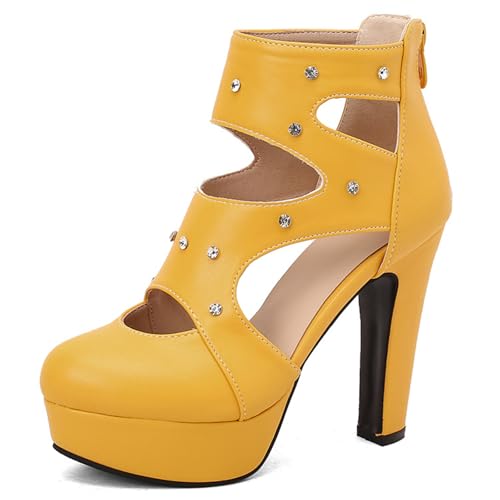 Wtharosa Damen Marineblaue Plateau Stiefeletten Kristallbesetzte Ausschnitte Blockabsatz Bequeme Winterschuhe Für Party Büro Täglicher Gebrauch,Gelb,37 EU von Wtharosa