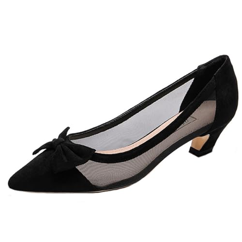 Wtharosa Damen Mesh-Panel Spitz Zehen Pumps Schwarz Wildleder Niedriger Blockabsatz Schleifen Detail Komfort Büro Hochzeit Party Abendgarderobe Schuhe,Pure Black,38 EU von Wtharosa