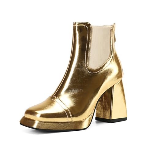 Wtharosa Damen Modestiefel Blockabsatz Plateau Spitz Stiefeletten Für Hochzeit & Club Robuste Gummisohle Metallisch,Gold,34 EU von Wtharosa