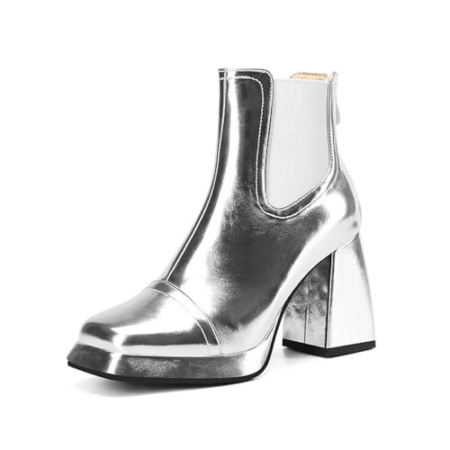 Wtharosa Damen Modestiefel Blockabsatz Plateau Spitz Stiefeletten Für Hochzeit & Club Robuste Gummisohle Metallisch,Silber,44 EU von Wtharosa