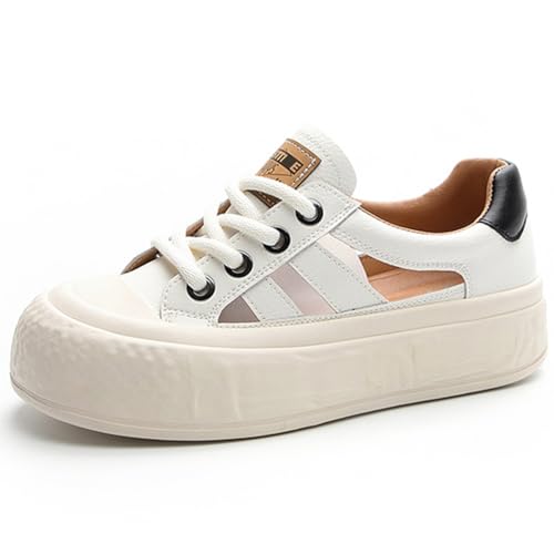 Wtharosa Damen Plateau Sneaker Mode Canvas Ausschnitt Design Dicke Strukturierte Sohle Lederbesatz Bequem Casual Straßenschuhe Sommer Stadtmode,Beige,38 EU von Wtharosa