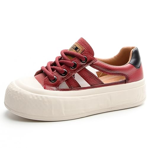Wtharosa Damen Plateau Sneaker Mode Canvas Ausschnitt Design Dicke Strukturierte Sohle Lederbesatz Bequem Casual Straßenschuhe Sommer Stadtmode,Rot,37 EU von Wtharosa