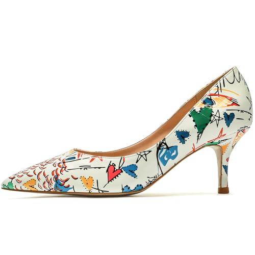 Wtharosa Damen Pumps Künstlerischer Druck Spitze Zehen Kitten Absatz Weiß Mehrfarbiges Muster Abendschuhe Büro Party Hochzeit Bequem Einfach Anzuziehen,Weiß,43 EU von Wtharosa