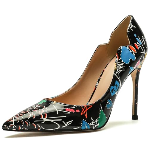 Wtharosa Damen Pumps Künstlerischer Druck Stilettoabsatz Weiß Mehrfarbiges Muster Spitze Zehen Hohe Abendschuhe Party Hochzeit Büro Bequem Einfach Anzuziehen,Schwarz,44 EU von Wtharosa