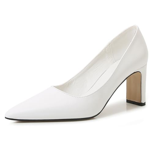 Wtharosa Damen Pumps Lackleder Spitz Zehen Blockabsatz Klassische Büroschuhe Für Arbeit Geschäftliche Anlässe,Weiß,35 EU von Wtharosa