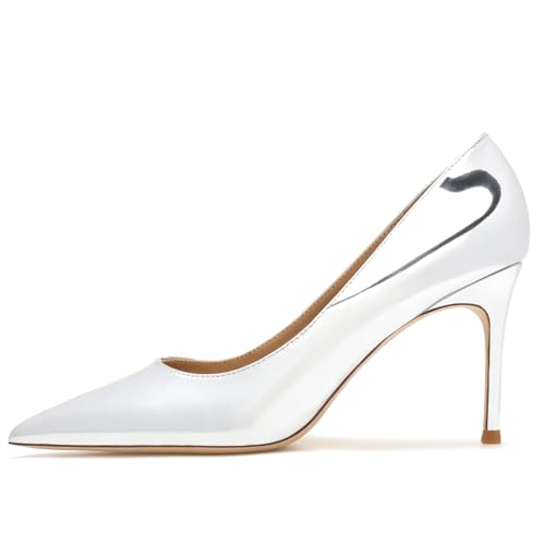 Wtharosa Damen Pumps Metallic Silber Spitzem Zehen Stiletto Hohem Absatz Klassische Lack Court Schuhe Für Party Abendball,Silver(Heel:8cm),35 EU von Wtharosa