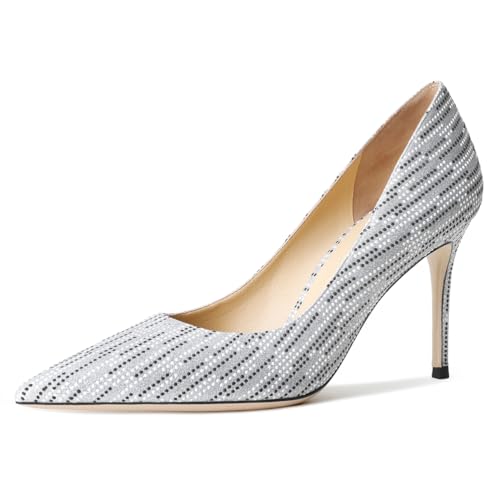 Wtharosa Damen Pumps Silber Spitz 6cm/8cm/10cm Stiletto Absatz Schwarz Weiß Gepunktet Vielseitig Modisch für Büro Hochzeit Feier & Formelle Anlässe,Blackwhite Dotted 8cm,35 EU von Wtharosa