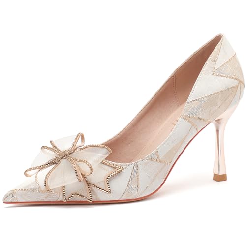 Wtharosa Damen Pumps Spitze Stilettoabsätze Atmungsaktives Futter Gummisohle Für Hochzeiten Empfänge Cocktailpartys,Apricot(Heel:5cm),38 EU von Wtharosa