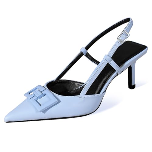 Wtharosa Damen Pumps Spitze Zehe Riemchensandaletten Lackleder Schnalle Detail Pfennigabsatz Party Hochzeit Abendgarderobe Formell Ball Dinner Cocktail Braut,Blau,35 EU von Wtharosa