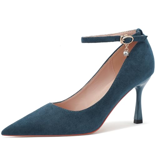 Wtharosa Damen Pumps Wildleder Spitze Schlanker Absatz Knöchelriemchen Atmungsaktive rutschfeste Sohle Für Festliche Anlässe,Blue(Heel:7.5cm),43 EU von Wtharosa