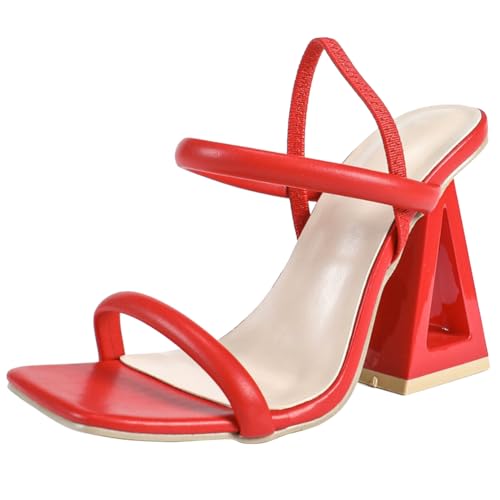 Wtharosa Damen Rote Riemchensandalen Mit Blockabsatz Geometrisches Design Offener Zehenbereich Bequeme Sommerschuhe Für Hochzeiten Abendveranstaltungen,Rot,43 EU von Wtharosa