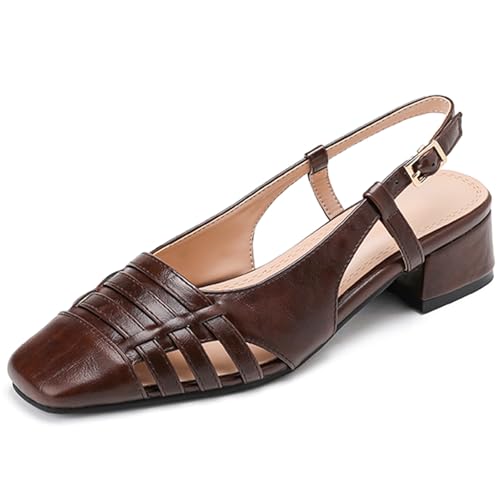 Wtharosa Damen Sandalen Geflochtenes Leder Quadratische Spitze Peep-Toe Knöchelriemen Niedriger Blockabsatz Eleganter Hofstil Sommer Büro & Tägliches Tragen,Braun,36 EU von Wtharosa