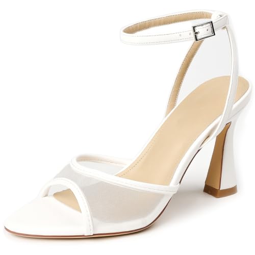 Wtharosa Damen Sandalen Mit Mesh Einsätzen Knöchelriemen Blockabsatz Bequeme Sommer Freizeitschuhe Strand Urlaub Outdoor Party,Weiß,40.5 EU von Wtharosa