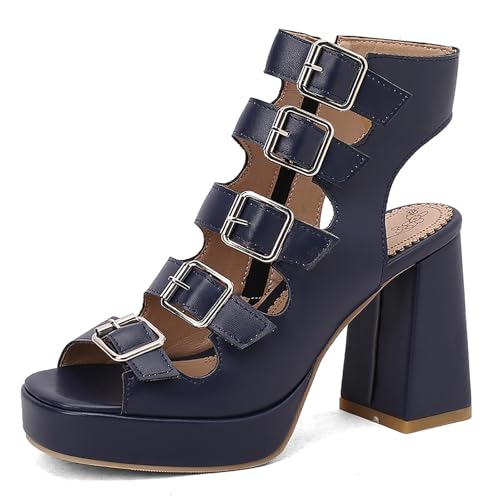 Wtharosa Damen Sandalen Plateform Leder Mehrfach Schnallen Riemen Blockabsatz Offene Zehen Abendschuhe Party Hochzeit Sommer Bequem,Blau,34 EU von Wtharosa