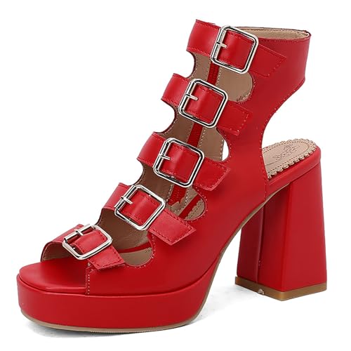 Wtharosa Damen Sandalen Plateform Leder Mehrfach Schnallen Riemen Blockabsatz Offene Zehen Abendschuhe Party Hochzeit Sommer Bequem,Rot,35 EU von Wtharosa