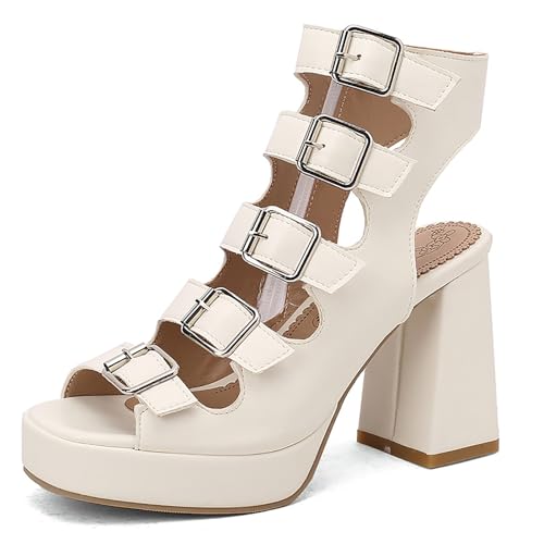 Wtharosa Damen Sandalen Plateform Leder Mehrfach Schnallen Riemen Blockabsatz Offene Zehen Abendschuhe Party Hochzeit Sommer Bequem,Weiß,49 EU von Wtharosa