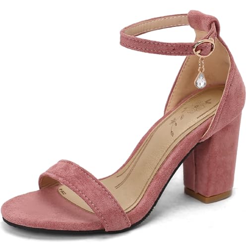 Wtharosa Damen Sandalen Wildleder Blockabsatz Knöchelriemen Kristall Charm Abendschuhe Party Hochzeit Sommer Bequem Einfach Anzuziehen,Rosa,38 EU von Wtharosa