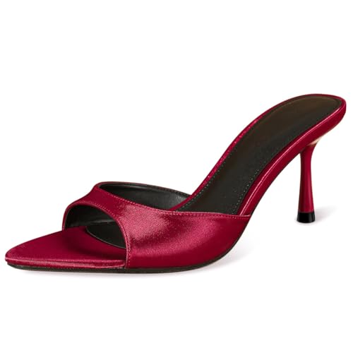 Wtharosa Damen Satin Spitz Zehe Mule Sandalen Pfennigabsatz Schlupf Offene Zehe Elegant Bequem Hochzeit Party Abend Cocktail Braut Sommer Strand,Burgundy,42 EU von Wtharosa
