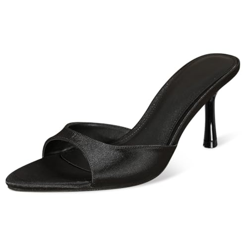 Wtharosa Damen Satin Spitz Zehe Mule Sandalen Pfennigabsatz Schlupf Offene Zehe Elegant Bequem Hochzeit Party Abend Cocktail Braut Sommer Strand,Schwarz,42 EU von Wtharosa