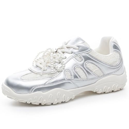 Wtharosa Damen Schuhe Plateau Sohle Perlen Akzent Niedriger Blockabsatz Sneakers Atmungsaktiv Rindsleder rutschfest Bequeme Casual Trainer Für Gehen Tägliche Tragen,Silber,43 EU Wtharosa Damen Schuhe Plateau Sohle Perlen Akzent Niedriger Blockabsatz Sneakers Atmungsaktiv Rindsleder rutschfest Bequeme Casual Trainer Für Gehen Tägliche Tragen,Silber,43 EU von Wtharosa