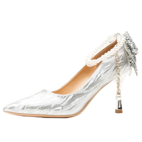 Wtharosa Damen Silber Hochzeit Absatzschuhe Kristall Schleife Perlen Kette Spitze Stilettos Elegante Brautschuhe Für Braut Trauzeugin Abendkleid Fest,Silvery(Heel:5cm),38 EU von Wtharosa