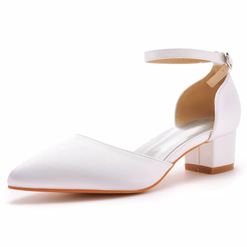 Wtharosa Damen Spitz Zehen Pumps Mit Knöchelriemen Weiß Niedriger Blockabsatz Bequeme Abendschuhe Für Hochzeit Büro Party Und Besondere Anlässe,Weiß,39 EU von Wtharosa
