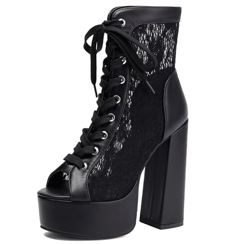 Wtharosa Damen Spitze Plateau Knöchelstiefel Peep Toe High Heels Hochzeitsstiefel Blockabsatz Schnürung Bequeme Braut Party Abendkleid Schuhe Weiß Schwarz,Schwarz,40 EU von Wtharosa