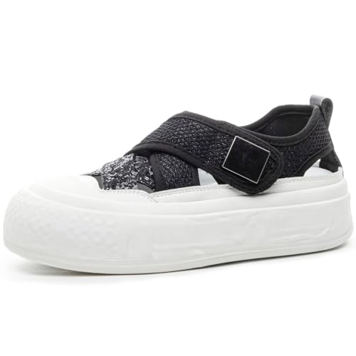 Wtharosa Damen Sport Sandalen Plateau Dicke Sohle Runde Zehen Atmungsaktives Rindsleder Mesh Sommerschuhe Weite Passform Bequem Für Reisen Alltag Gehen,Schwarz,43 EU von Wtharosa