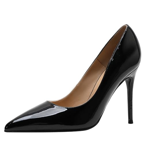Wtharosa Damen Stiletto Pumps Klassisch Spitze Zehen Hohe Absätze Lackleder Court Schuhe Für Büro Arbeit Und Formelle Anlässe,Black(Heel:10cm),36 EU von Wtharosa