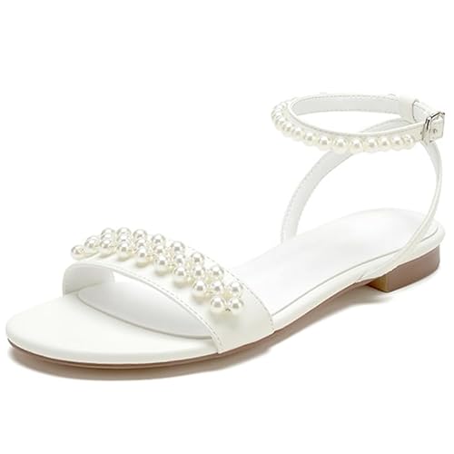 Wtharosa Damen Weiße Perlenverzierte Flache Sandalen Mit Knöchelriemen Hochzeitsschuhe Mit Zierperlen Bequeme Brautschuhe Für Feiern,Weiß,41 EU von Wtharosa