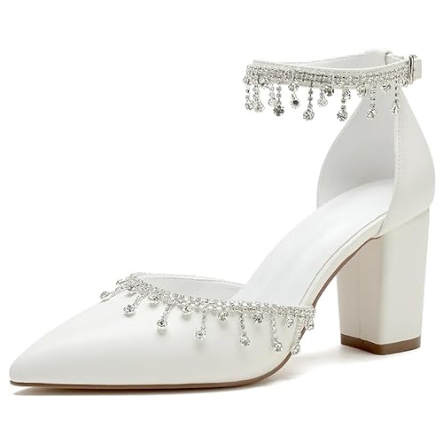 Wtharosa Damen Weiße Pumps Mit Kristallverzierungen Spitze Zehen Knöchelriemen Blockabsatz Bequeme Hochzeitschuhe Für Abendveranstaltungen,Weiß,41 EU von Wtharosa