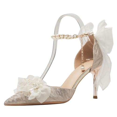 Wtharosa Elegante Brautschuhe Hochhackig Damen Silber Glitzer Mit Perlenknöchelband Organgy Schleife Detail Für Braut Party Empfang Ball Abendliche Formelle Anlässe,Gold(Heel : 8cm),35 EU von Wtharosa