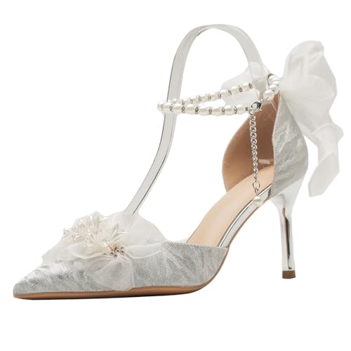 Wtharosa Elegante Brautschuhe Hochhackig Damen Silber Glitzer Mit Perlenknöchelband Organgy Schleife Detail Für Braut Party Empfang Ball Abendliche Formelle Anlässe,Silver (Heel : 8cm),41 EU von Wtharosa