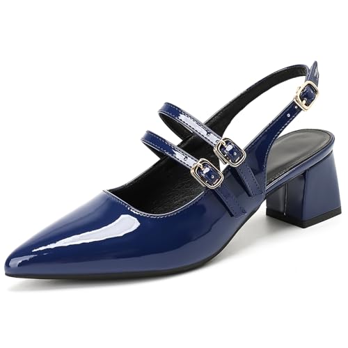 Wtharosa Frauen Marineblau Lackleder Mary Jane Schuhe Blockabsatz Dreifache Schnalle Riemen Komfortable Arbeit Büro Hochzeit Party Kleid Schuhe,Marine,40 EU von Wtharosa